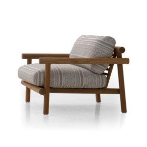 Ghế đơn sofa ngoài trời khung gỗ teak, nệm dày vải họa tiết xám trắng hiện đại