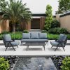 Bộ ghế sofa ngoài trời 4 món hiện đại, nệm dày, khung nhôm sơn tĩnh điện, bối cảnh sân vườn đẹp