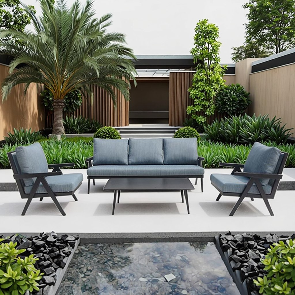 Bộ ghế sofa ngoài trời 4 món hiện đại, nệm dày, khung nhôm sơn tĩnh điện, bối cảnh sân vườn đẹp