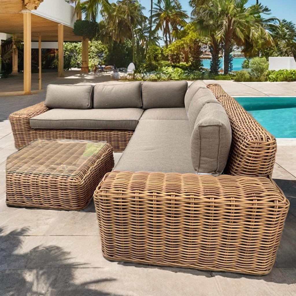 Sofa ngoài trời giả mây khung nhôm, nệm dày, đặt cạnh hồ bơi sang trọng