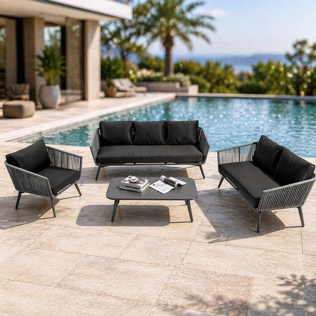 Bộ sofa ngoài trời phong cách châu Âu, kê cạnh hồ bơi, gồm sofa 3 chỗ, 2 ghế đơn, bàn trà