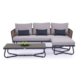 Sofa ngoài trời góc L hiện đại, nệm dày, bàn trà kính, phù hợp sân vườn