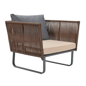Ghế đơn sofa ngoài trời dây rope khung nhôm, nệm kem, gối xám