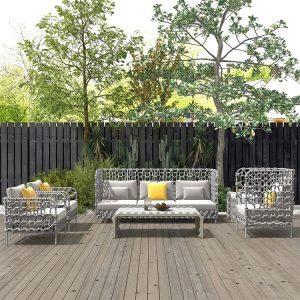 Bộ sofa ngoài trời 5 món khung nhôm, dây đan rope, nệm dày, phù hợp sân vườn biệt thự