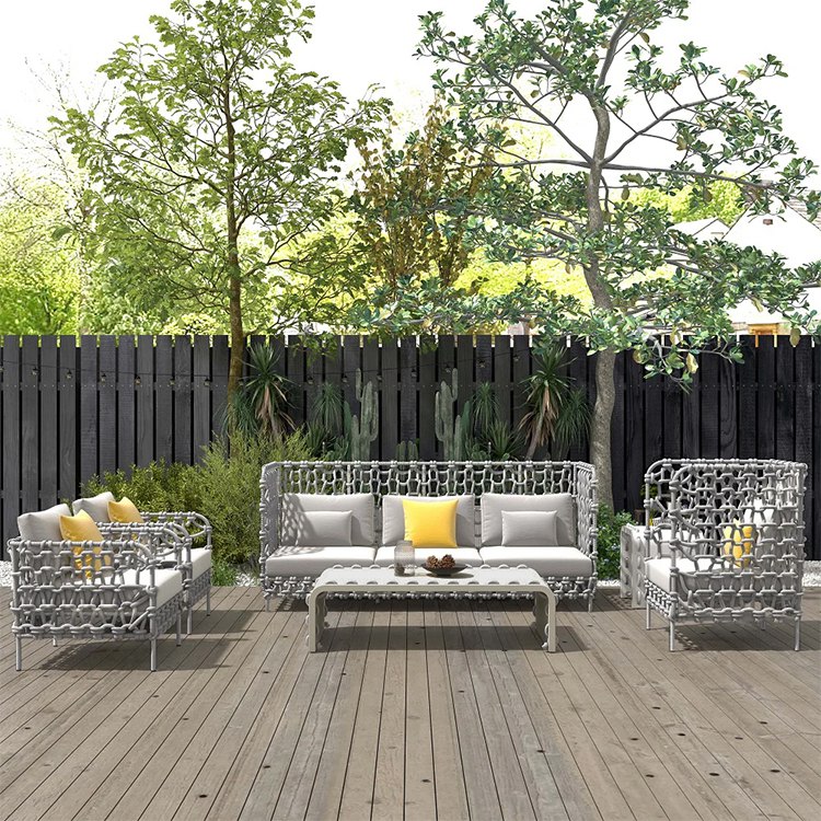 Bộ sofa ngoài trời 5 món khung nhôm, dây đan rope, nệm dày, phù hợp sân vườn biệt thự
