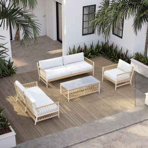 Bộ sofa ngoài trời 4 món, khung nhôm, đan dây rope, bàn mặt đá, phong cách hiện đại