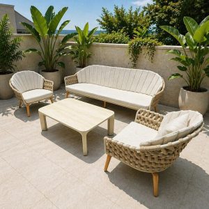 Bộ bàn ghế sofa ngoài trời khung nhôm, dây rope màu be, nệm kem, phù hợp sân vườn biệt thự