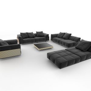Bộ sofa ngoài trời cao cấp, phối màu đen và vàng gỗ, gồm sofa góc, ghế đơn, đôn và bàn trà