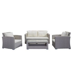 Bộ sofa giả mây ngoài trời gồm 1 sofa đôi, 2 ghế đơn, 1 bàn trà, phong cách hiện đại