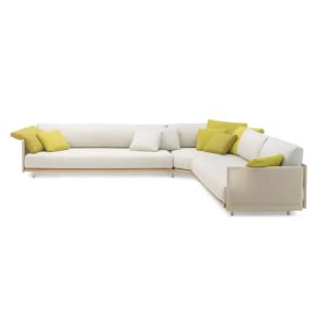 Sofa góc L ngoài trời màu trắng kem, gối vàng chanh nổi bật, phong cách tối giản