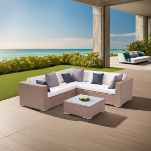 Bộ sofa ngoài trời giả mây đặt sân vườn biệt thự, view biển sang trọng