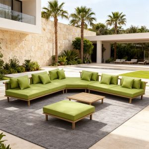 Bộ sofa ngoài trời hiện đại màu xanh lá, kê ở sân biệt thự, phù hợp không gian resort, khách sạn