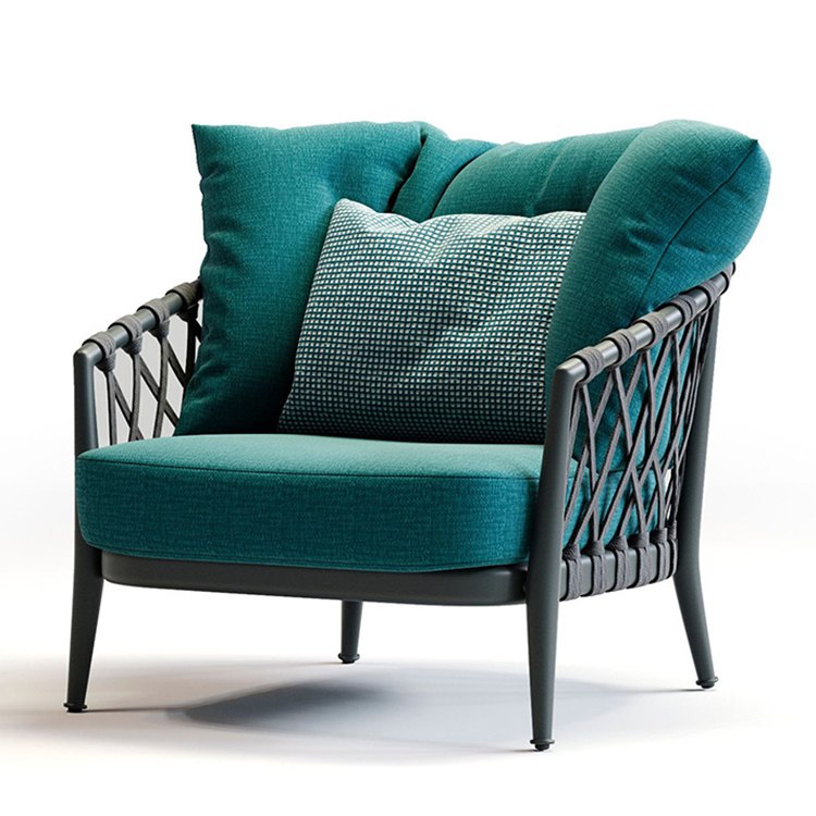 Ghế đơn sofa ngoài trời khung nhôm, đan dây rope, nệm xanh dày êm ái
