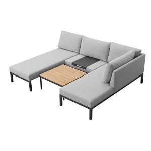 Bộ sofa góc L ngoài trời khung nhôm, nệm xám, bàn trà vuông mặt gỗ
