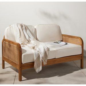 Sofa đôi ngoài trời khung gỗ teak, nệm trắng kem, phong cách hiện đại