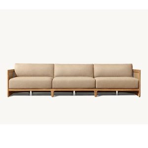 Sofa dài 3 chỗ gỗ teak, nệm dày màu be sang trọng