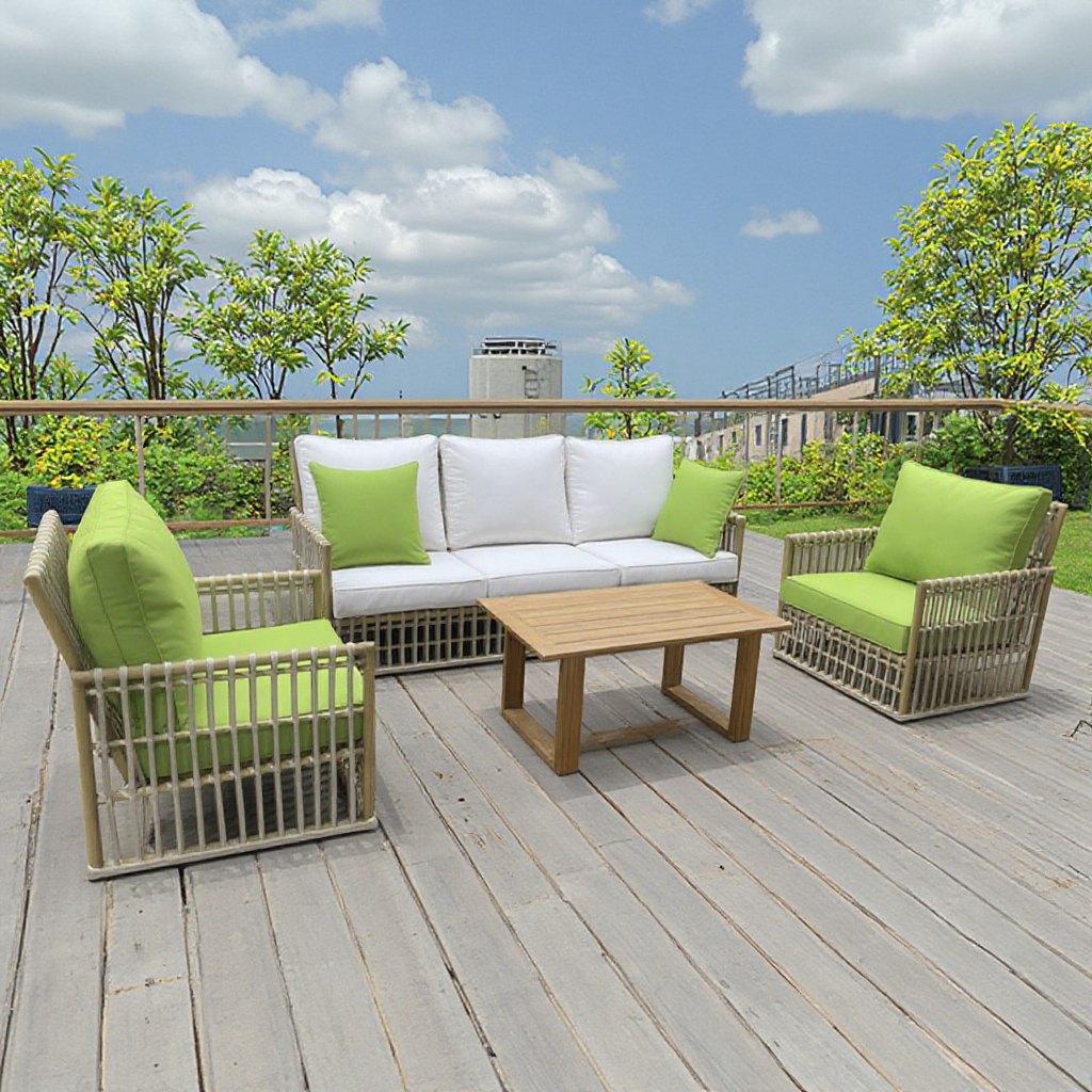 Sofa ngoài trời 4 món hiện đại, nệm trắng xanh, bàn trà gỗ trên sàn gỗ ngoài trời