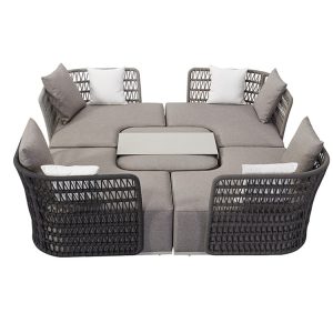 Bộ sofa ngoài trời hiện đại nhìn từ trên xuống, thiết kế góc chữ U với bàn trà trung tâm