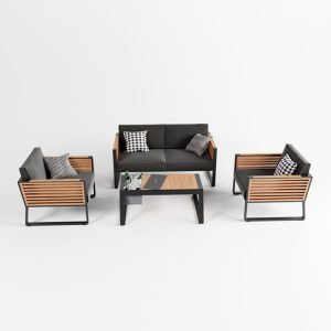 Bộ sofa ngoài trời 4 món hiện đại, khung nhôm, nệm xám, gối caro, nền trắng