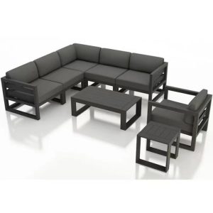 Bộ sofa góc ngoài trời khung nhôm nệm xám đen, thiết kế tối giản