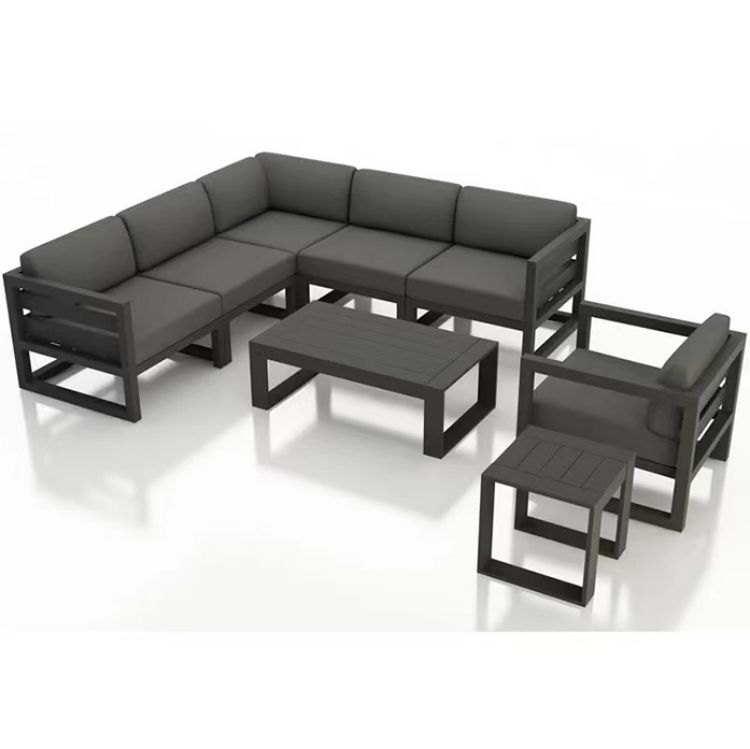 Bộ sofa góc ngoài trời khung nhôm nệm xám đen, thiết kế tối giản