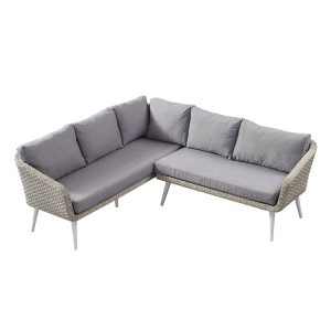 Sofa góc L ngoài trời đan tay giả mây, nệm dày màu ghi xám