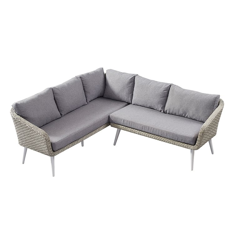 Sofa góc L ngoài trời đan tay giả mây, nệm dày màu ghi xám