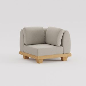 Ghế góc sofa ngoài trời khung gỗ, nệm dày màu ghi sáng