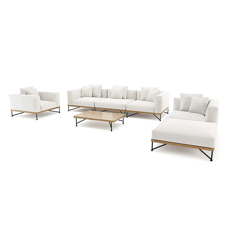 Trọn bộ sofa sân vườn 4 món gồm sofa góc L, ghế đơn và bàn trà mặt gỗ trên nền trắng