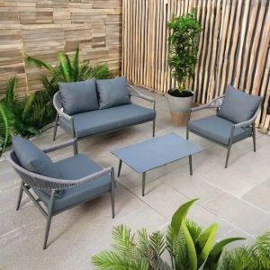 Bộ bàn ghế sofa ngoài trời hiện đại, khung nhôm, dây rope, nệm dày màu ghi