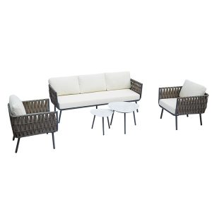 Bộ sofa ngoài trời dây rope màu nâu đậm, khung đen, nệm kem, 4-5 chỗ ngồi