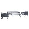 Bộ sofa sân vườn 4 món màu ghi sáng, khung nhôm, dây đan bản lớn, bàn trà mặt kính vân đá