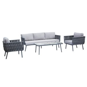 Bộ sofa sân vườn 4 món màu ghi sáng, khung nhôm, dây đan bản lớn, bàn trà mặt kính vân đá