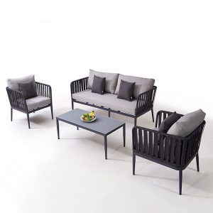 Bộ sofa ngoài trời 4 món hiện đại, khung nhôm, nệm dày, phối màu ghi xám