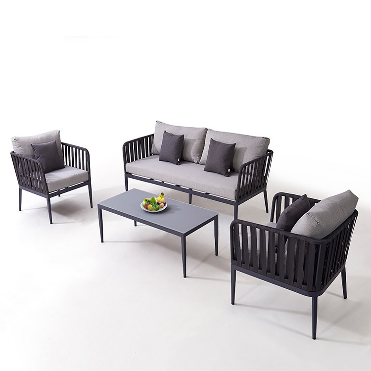 Bộ sofa ngoài trời 4 món hiện đại, khung nhôm, nệm dày, phối màu ghi xám