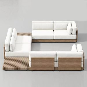 Bộ sofa ngoài trời góc L nệm trắng, khung gỗ teak nan ngang nhìn từ trên xuống