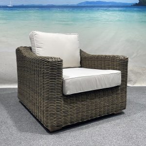 Ghế đơn sofa sân vườn giả mây, nệm dày màu kem, khung nhôm chắc chắn