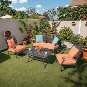 Bộ bàn ghế ngoài trời nhôm đúc tân cổ điển, nệm cam, phù hợp sân vườn biệt thự