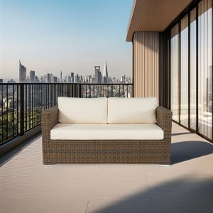 Sofa đôi ngoài trời giả mây, nệm kem, phong cách hiện đại trên ban công