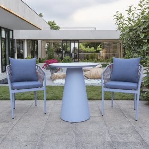 Bộ bàn ghế cafe sân vườn hiện đại, nệm xanh, bàn tròn mặt đá marble