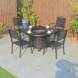 Bộ bàn ghế nhôm đúc ngoài trời 4 ghế nan ngang, bàn tròn có bếp nướng BBQ