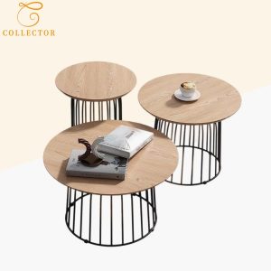 Bộ 3 bàn trà tròn mặt gỗ khung sắt, thiết kế tối giản phù hợp phòng khách hoặc sân vườn