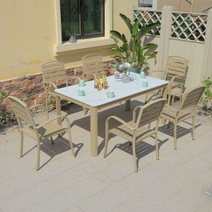 Bộ bàn ăn sân vườn 6 ghế nhôm, mặt bàn kính cường lực, phù hợp không gian ngoài trời