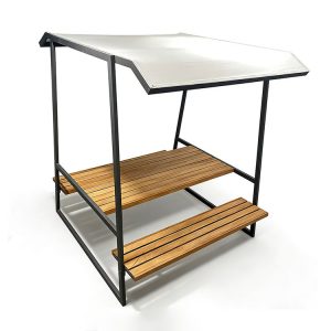 Bộ bàn ghế sân vườn liền khối khung nhôm, mặt gỗ, mái che trắng, chụp trên nền trắng