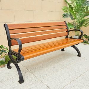 Ghế băng sân vườn ngoài trời màu gỗ cam nâu, thiết kế hiện đại, khung sắt đen