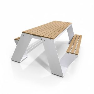 Bộ bàn ghế sân vườn liền khối, thiết kế tối giản màu trắng và gỗ