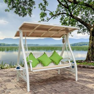 Xích đu ngoài trời 3 chỗ hiện đại, khung nhôm trắng, mái che lớn, 3 gối xanh, đặt cạnh hồ nước