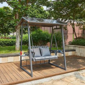 Xích đu ngoài trời 2 chỗ, khung nhôm, mái che, có kệ để đồ hai bên, phong cách hiện đại