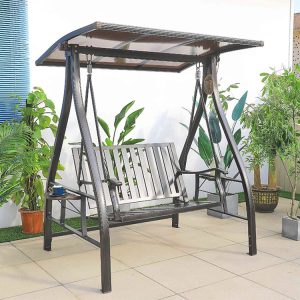 Xích đu ngoài trời 2 chỗ khung sắt, không có nệm, mái che polycarbonate, phong cách hiện đại