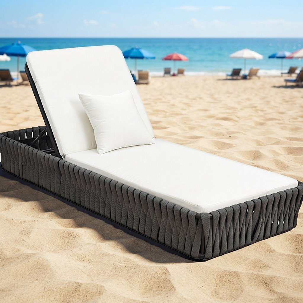 Ghế sun lounger ngoài trời khung nhôm dây rope xám, nệm dày trắng, tựa lưng điều chỉnh trên bãi biển